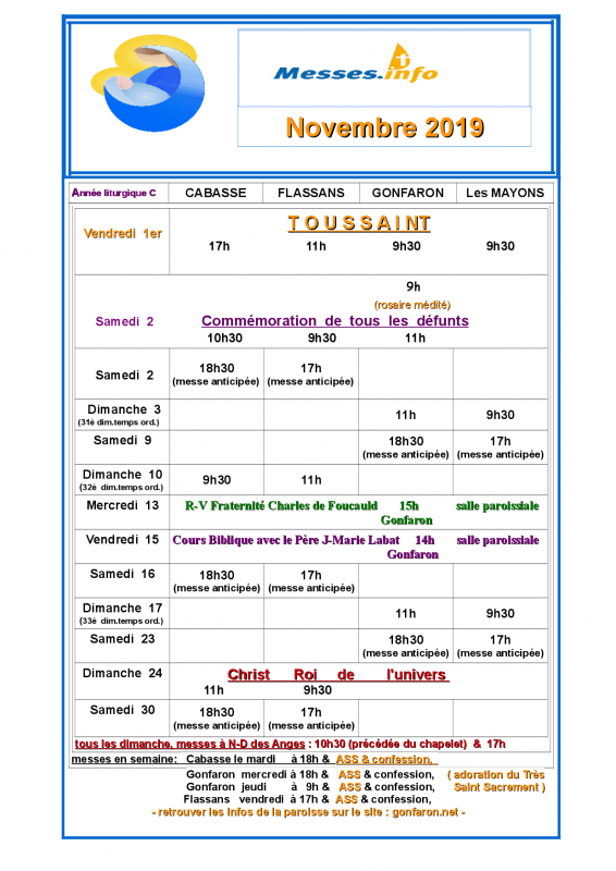 horaires messes novembre